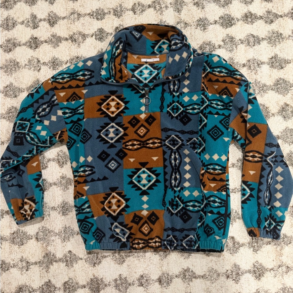 O'Neill Zip Up Sweater - Teal and Brown Geometric
